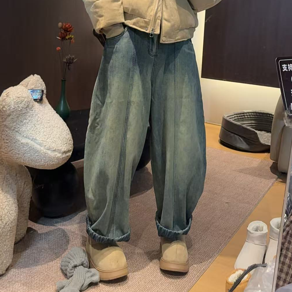 【文乐乐】冬季新款韩版洋气宽松版时尚休闲潮流加绒牛仔裤8006
