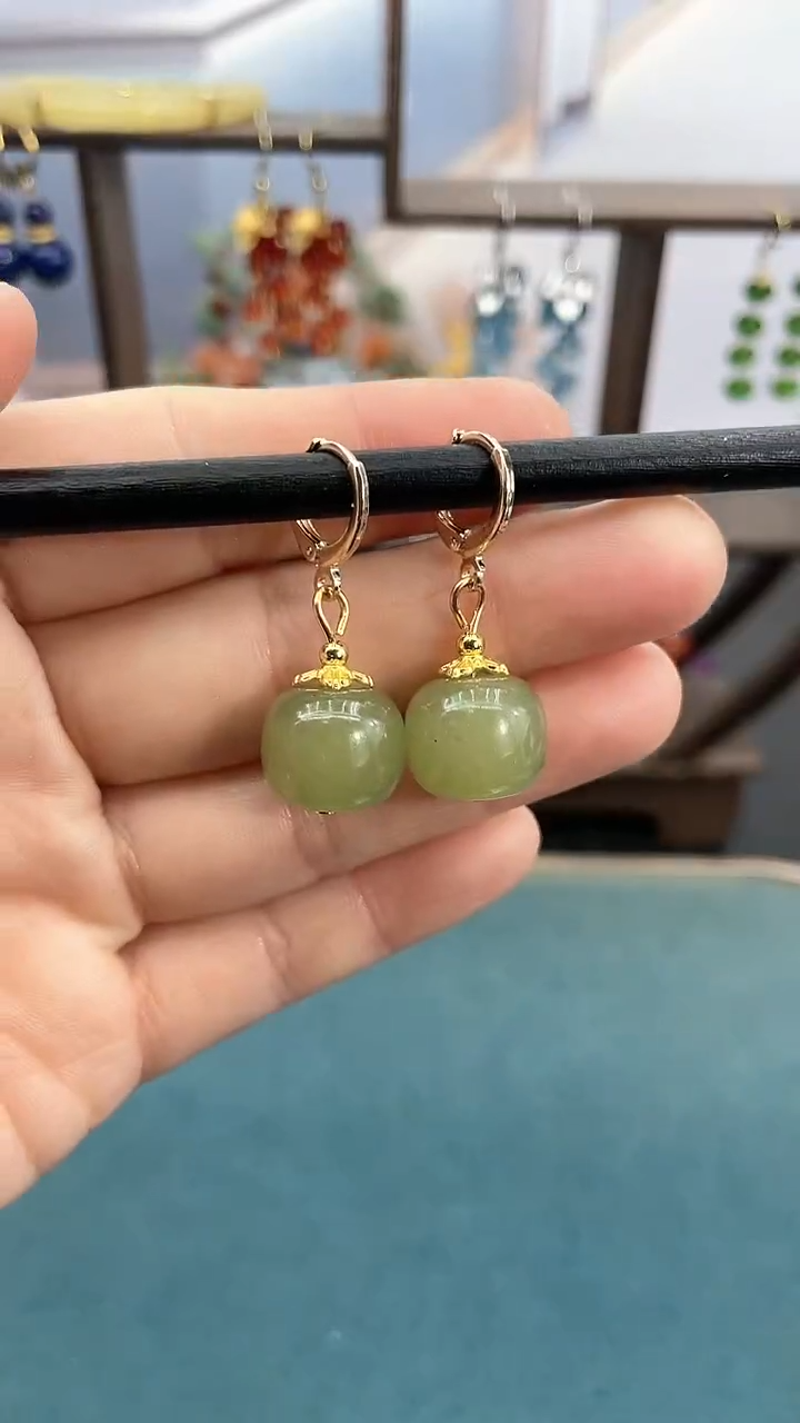 银S925镶嵌和田玉耳饰14mm晴水耳包