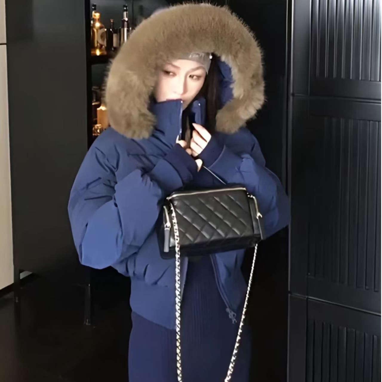 芬兰雪境大毛领棉服女短款2025新款冬装收腰加厚棉衣小个子外套