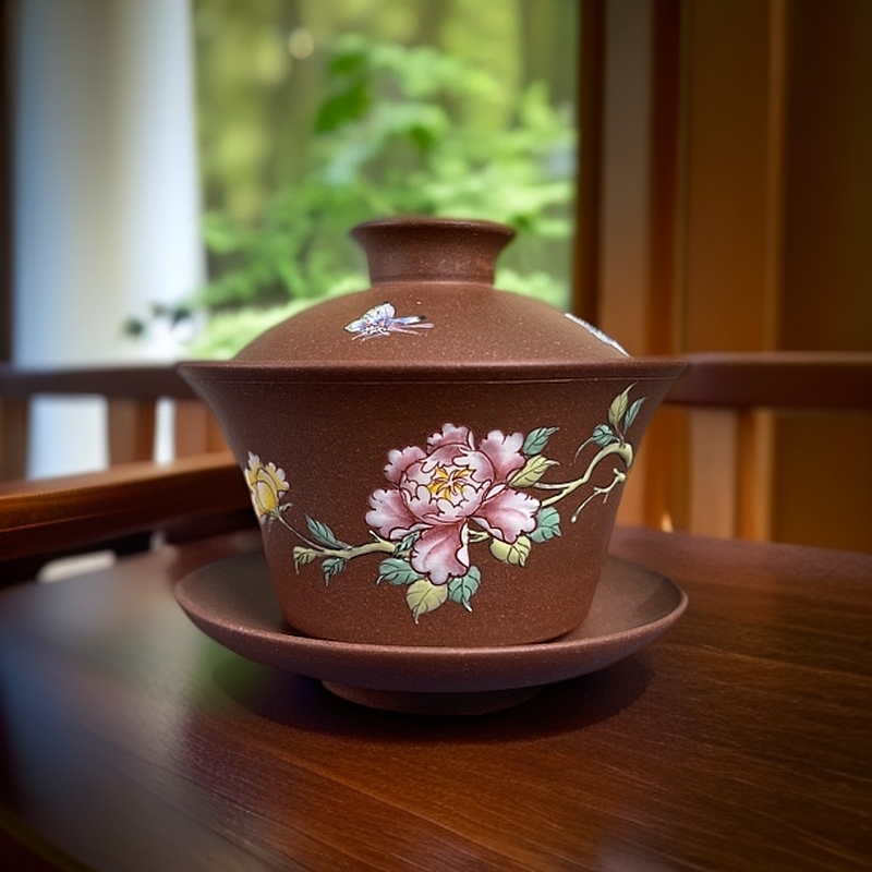 宜兴正宗原矿紫砂盖碗纯手工彩绘珐郎彩家用茶具高档主人杯中式