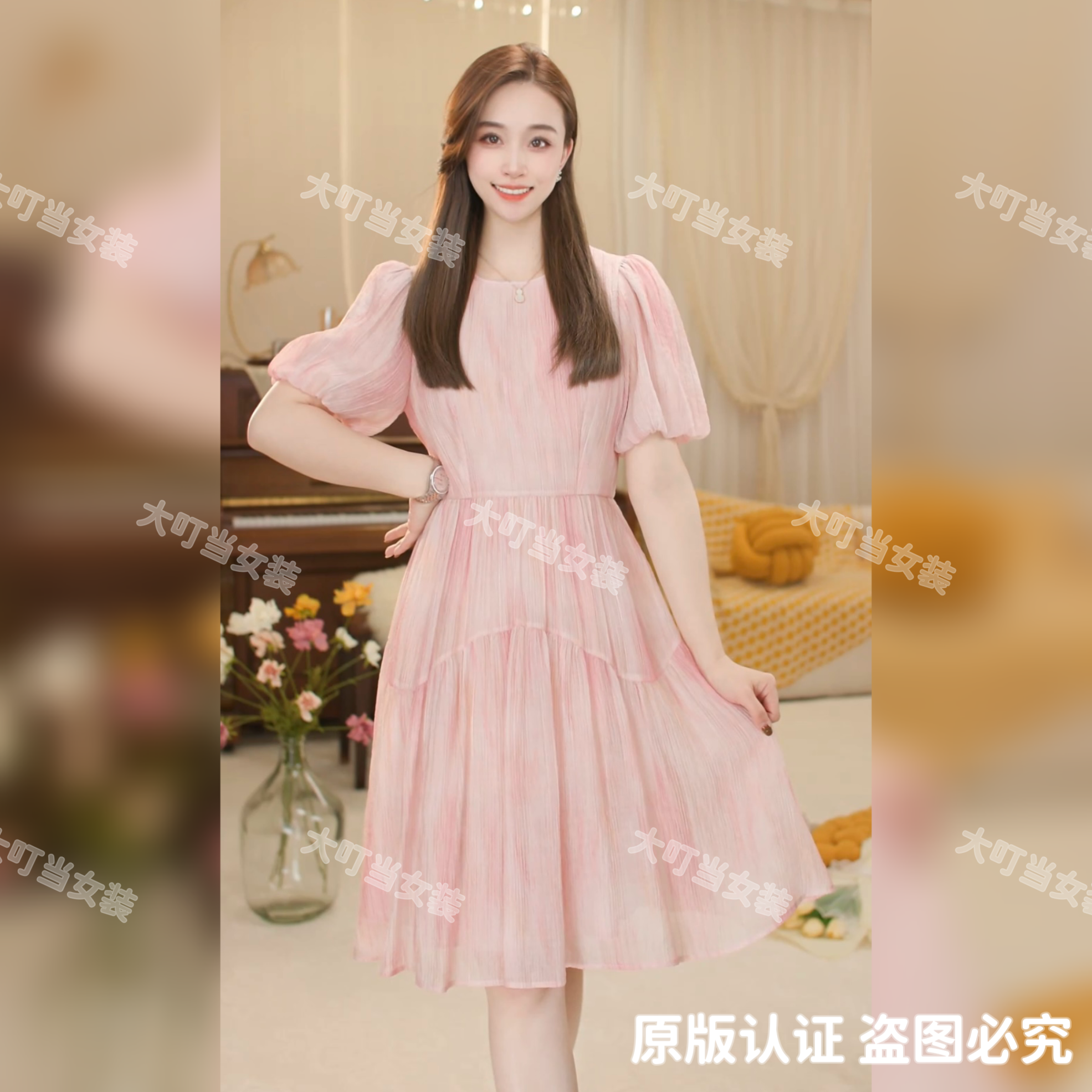 夏日浅妆《北极光》清凉圆领夏季气质初恋甜美裙子泡泡袖连衣裙