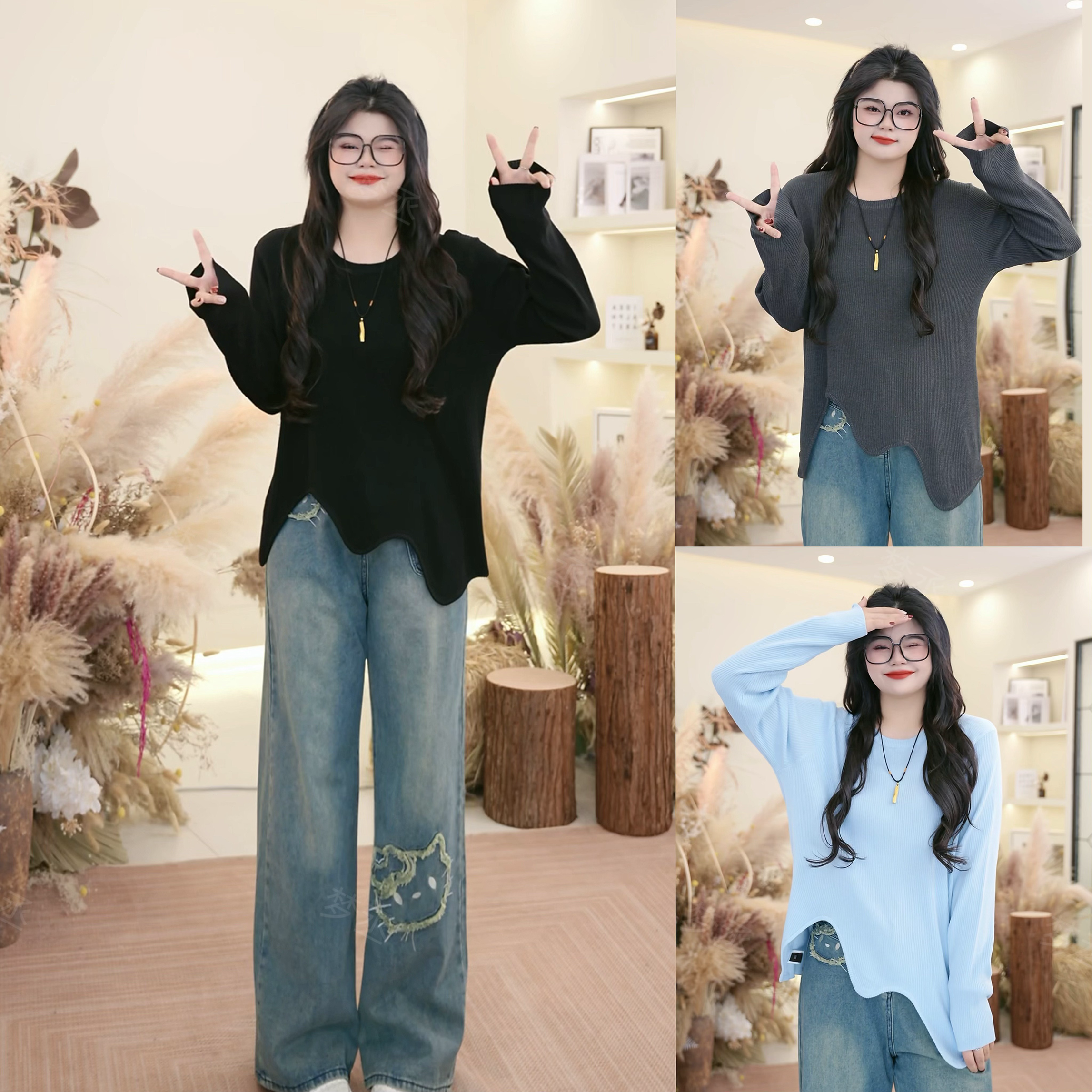 梦丞【聆春愿】大码女装圆领设计感纯色毛衣宽松软糯减龄长袖针织衫