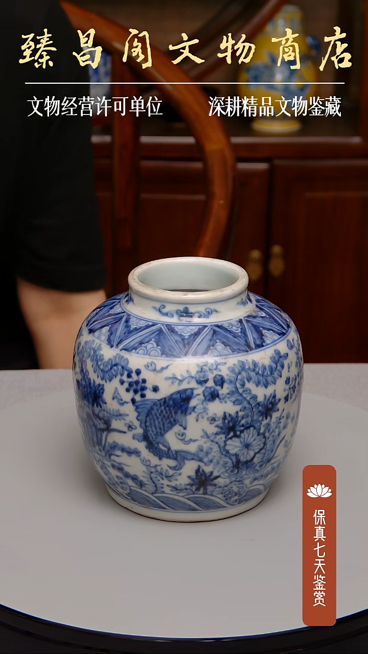 罐青花鱼藻纹罐 瓷器#d0071#