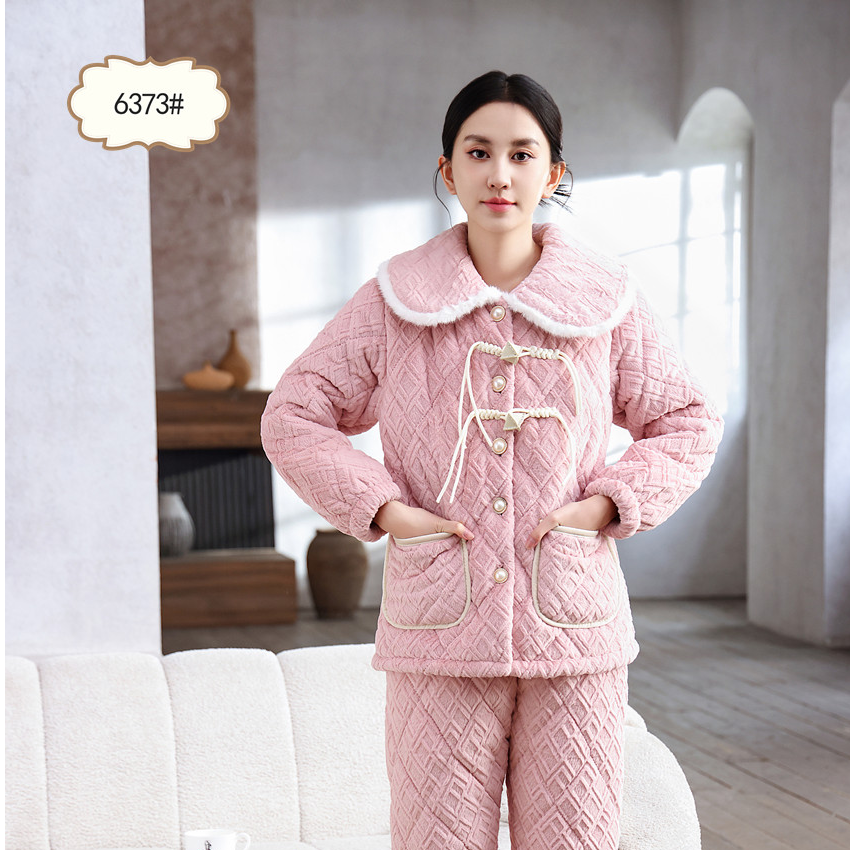 套装女冬天家居服套装家居服可外穿三层夹棉睡衣保暖加厚