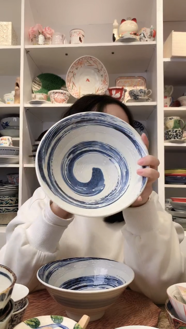 陶瓷美浓烧风吹清流大斗笠面碗19.5cm