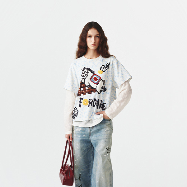 河岸家设计师FORDARE福蝶新年系列"马上有钱"涂鸦感假两件T恤26春