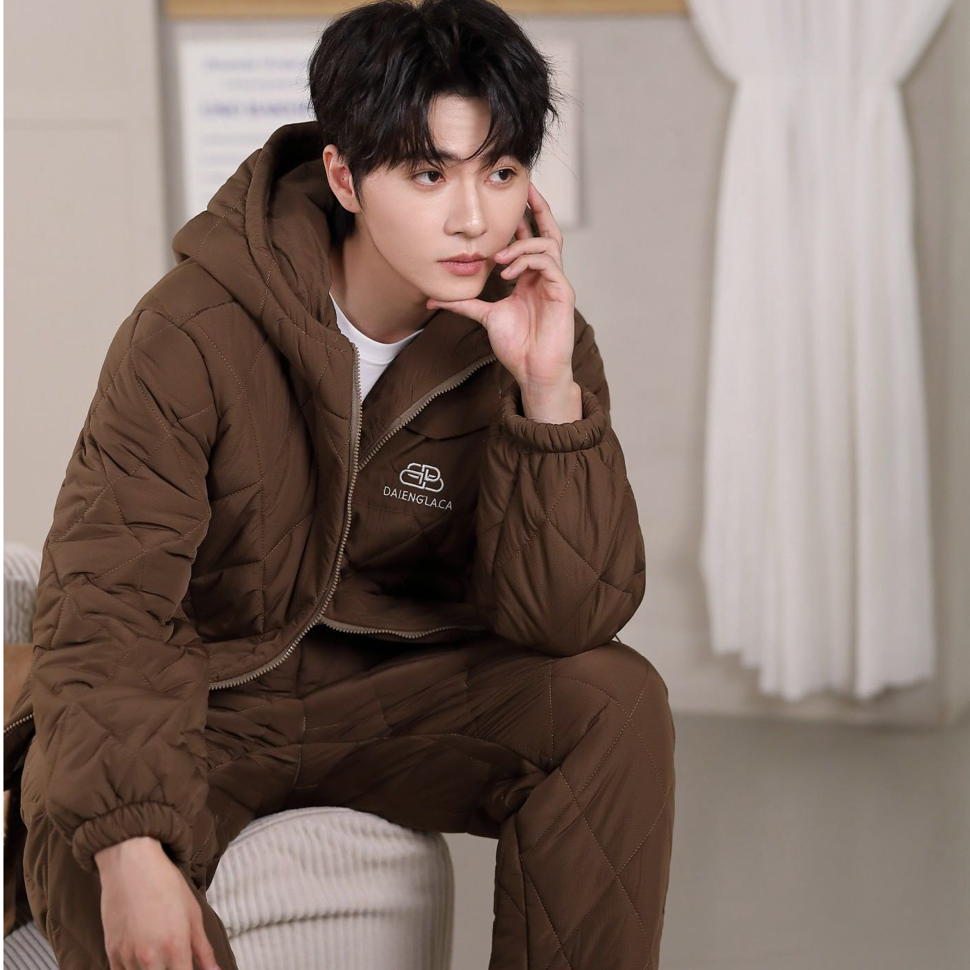 【0310—菱盾】保暖冬季连帽睡衣家居服套装男士羽绒面料潮流休闲