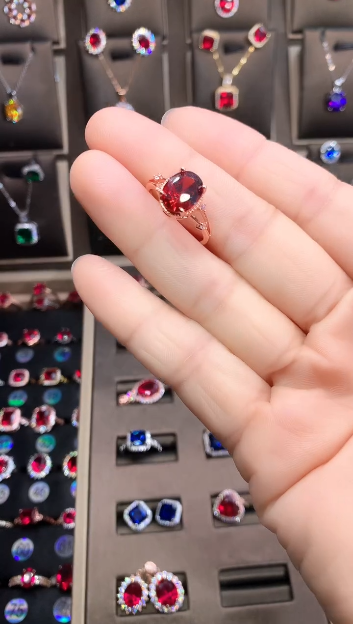 【闪购商品】石榴石戒指银S925镶嵌玫瑰金