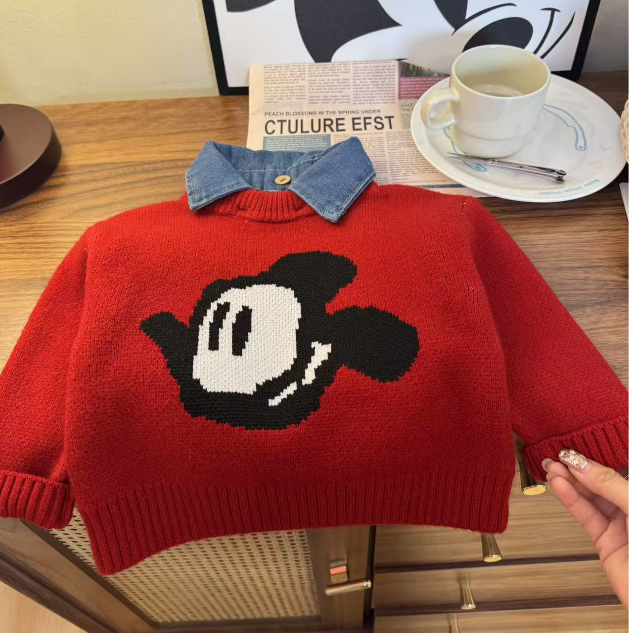 拼接假两件米奇儿童套头毛衣韩版小童加厚卡通秋冬针织衫