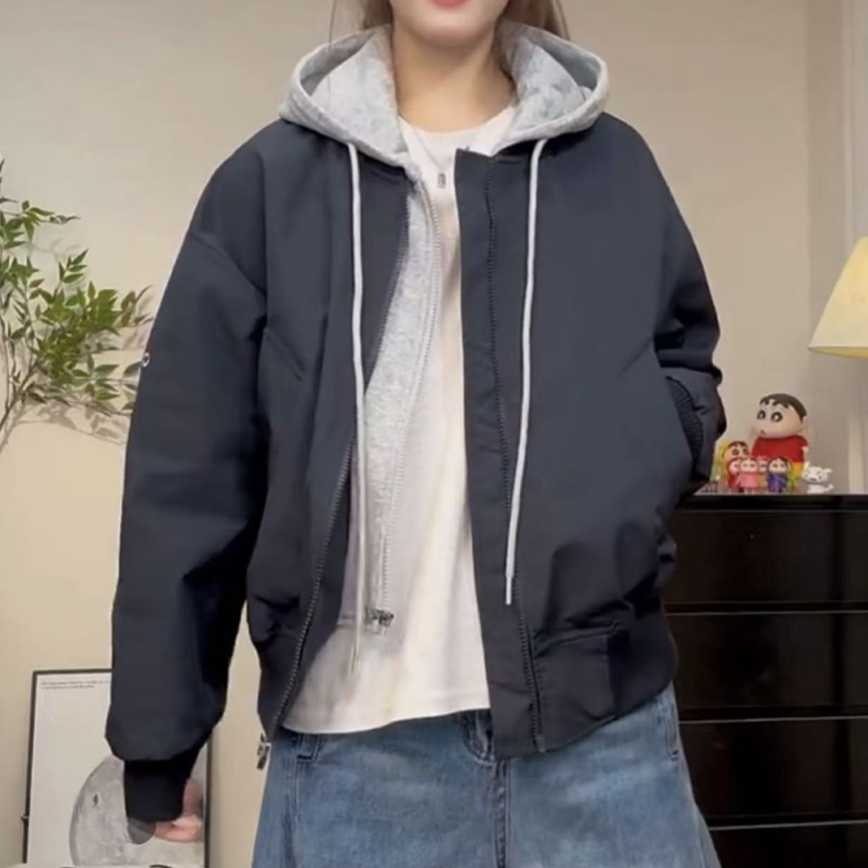 【锦衣服饰】QSYR 910欧货抽绳连帽拉链假两件短外套