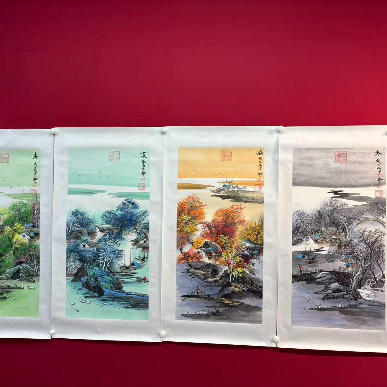 李新社手绘宣纸春夏秋冬-组画100*50*4山水画