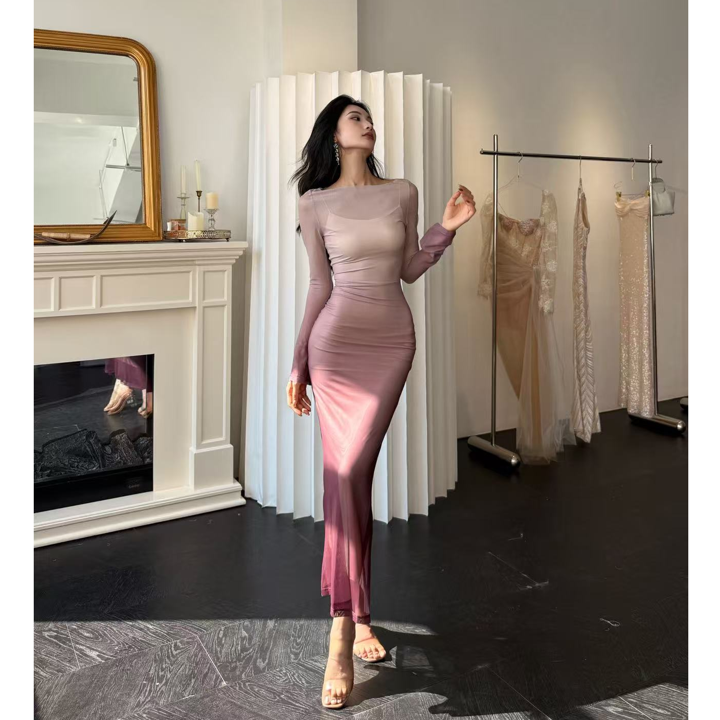 【JINGGUO轻奢】小众设计网纱修身长款名媛两件套性感风连衣裙7535