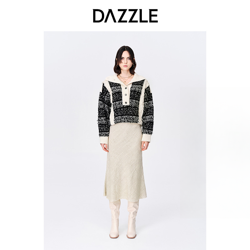 DAZZLE地素撞色拼接翻领针织杂花绞花毛衣上衣2E4E4852A