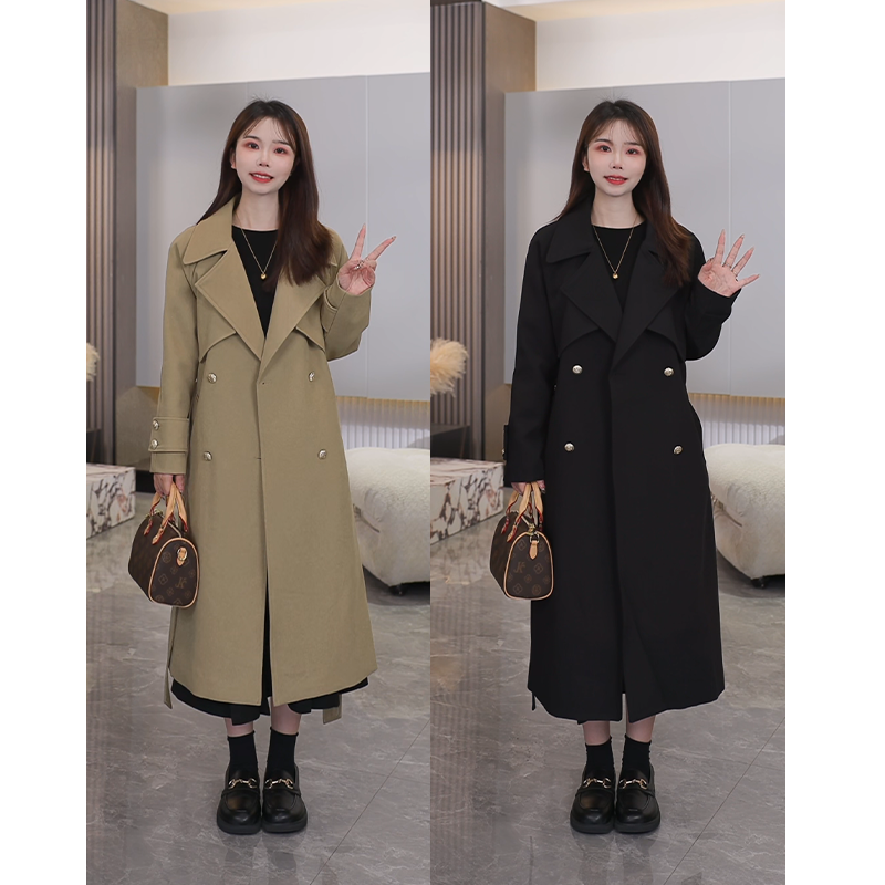 <汤圆专属>小个子秋冬风衣外套女中长款高级双排扣卡其色大衣