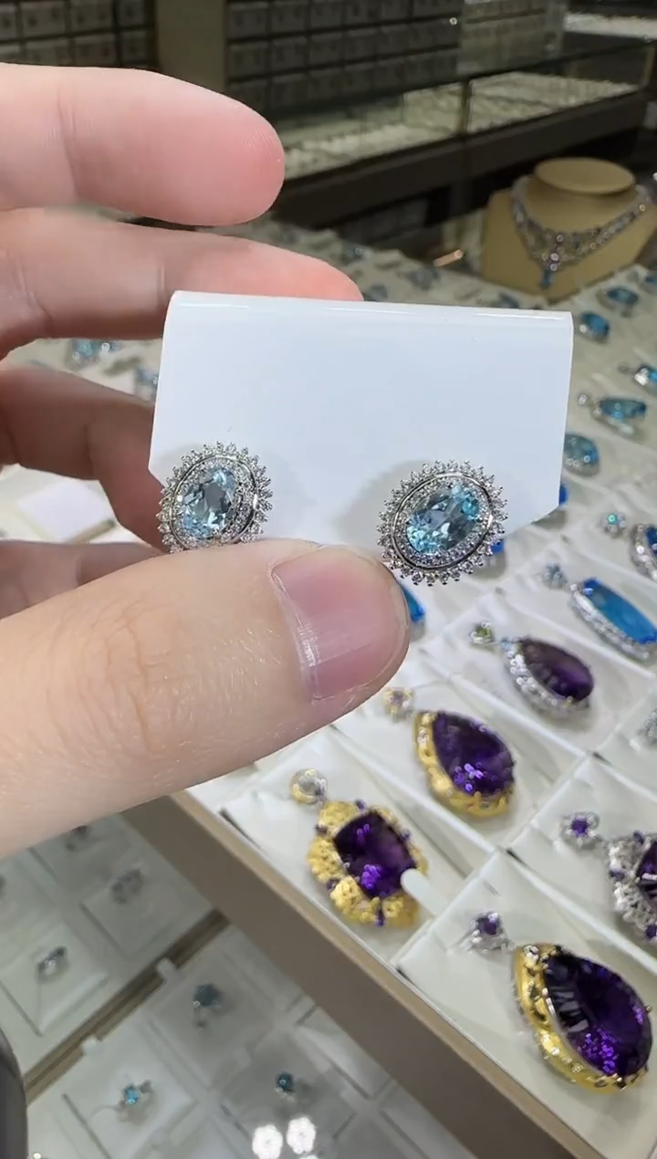 银S925镶嵌托帕石耳饰9*7mm耳钉