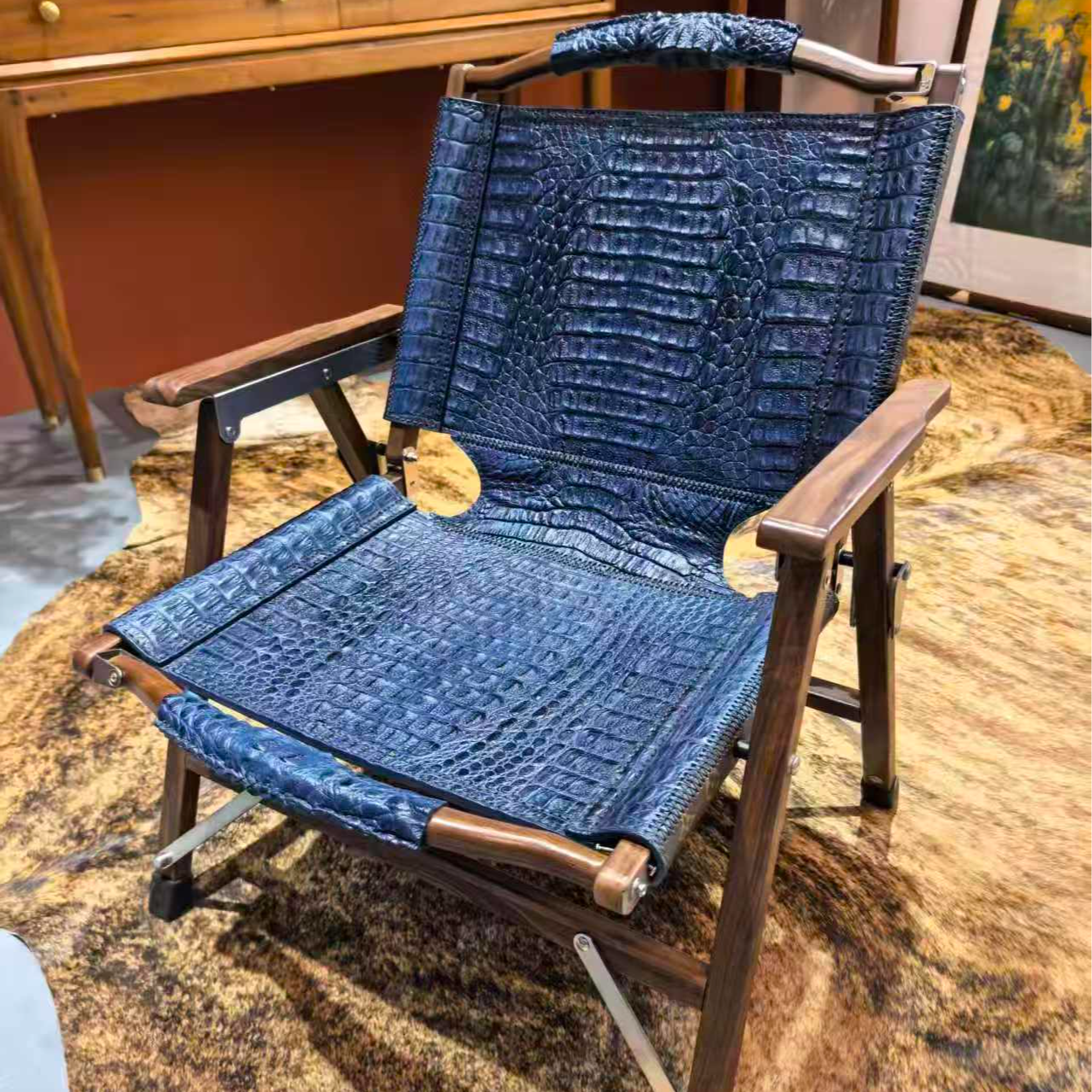【舒适随行】克米特椅（胡桃木+鳄鱼皮）简约/复古折叠椅