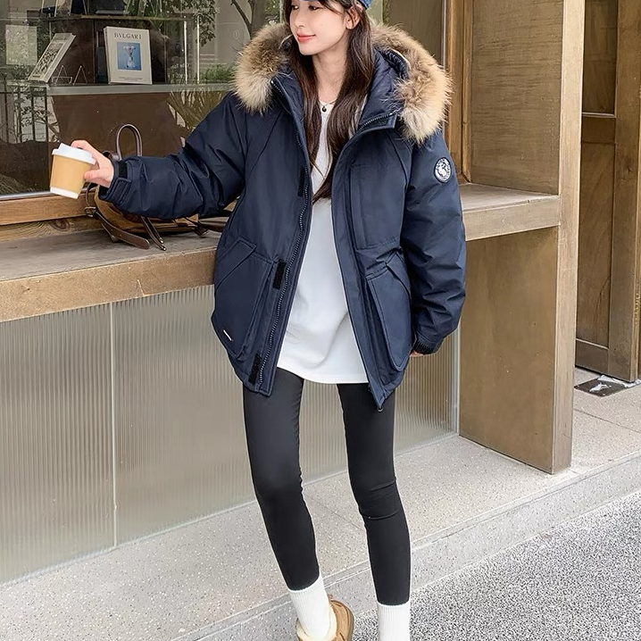 冬季藏蓝色学院风宽松百搭潮流韩系保暖派克连帽毛领款羽绒服