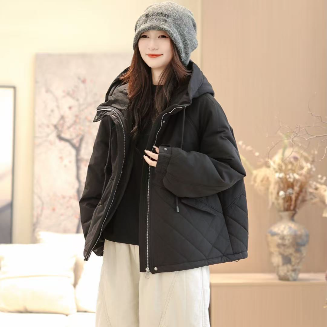 冬季宽松纯棉连帽棉服女文艺纯色菱格夹棉棉袄短外套大口袋棉衣