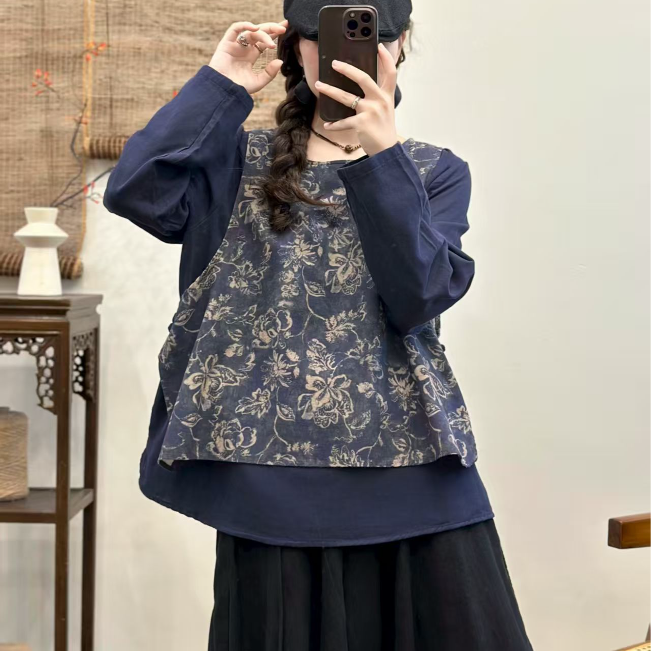 15557新款春秋休闲减龄宽松显瘦印花假两件百搭上衣
