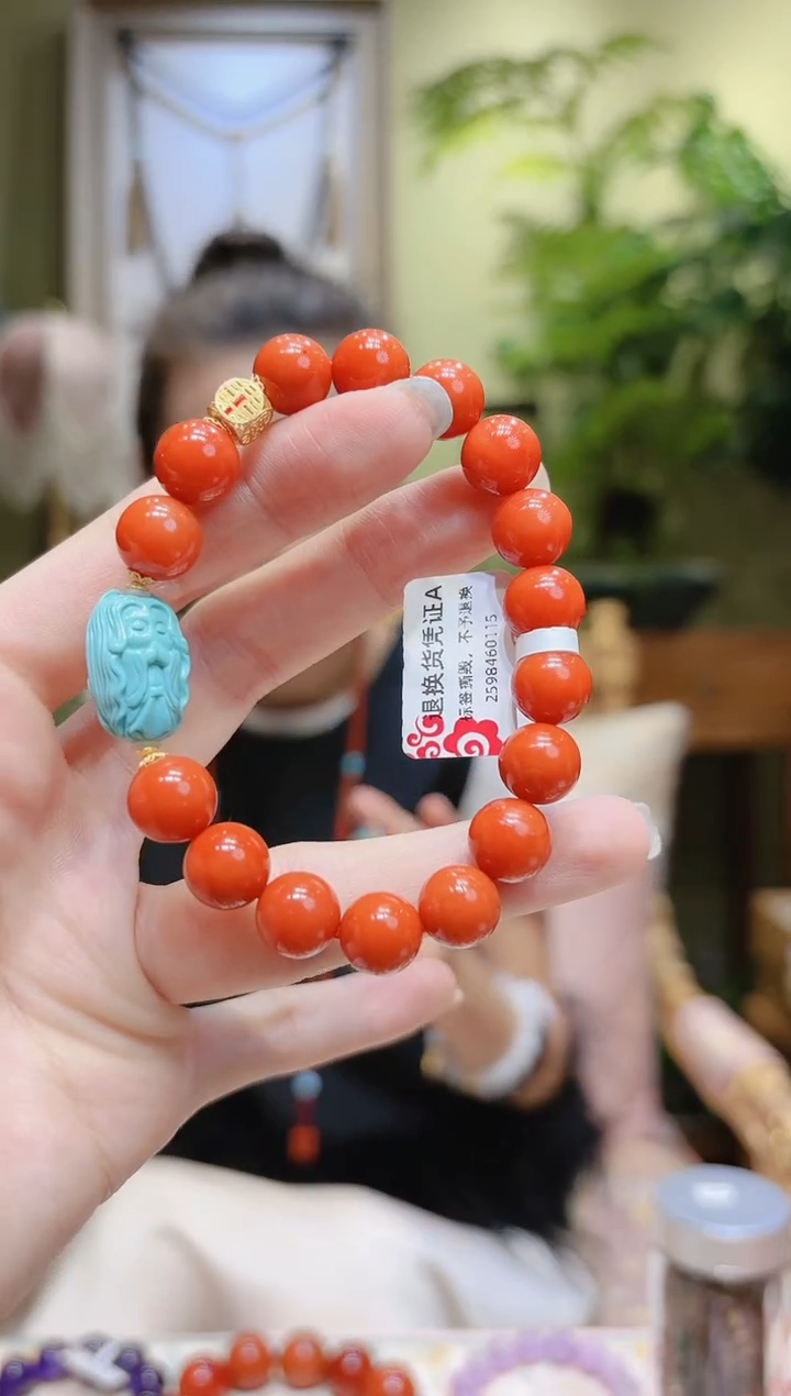 【闪购商品】南红玛瑙手串18K金镶嵌绿松凤九圆珠南红手串