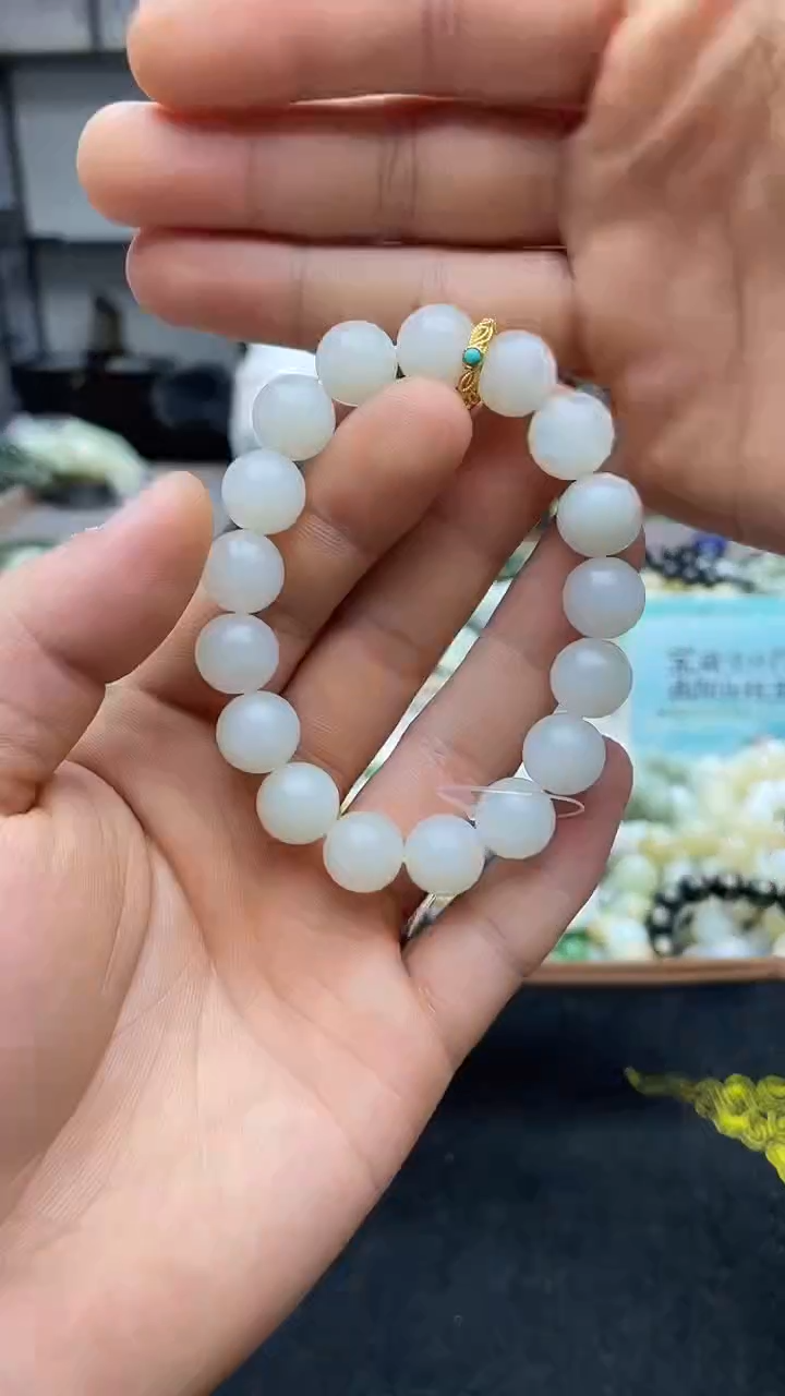 未镶嵌手串和田玉云*新疆白玉12圆珠