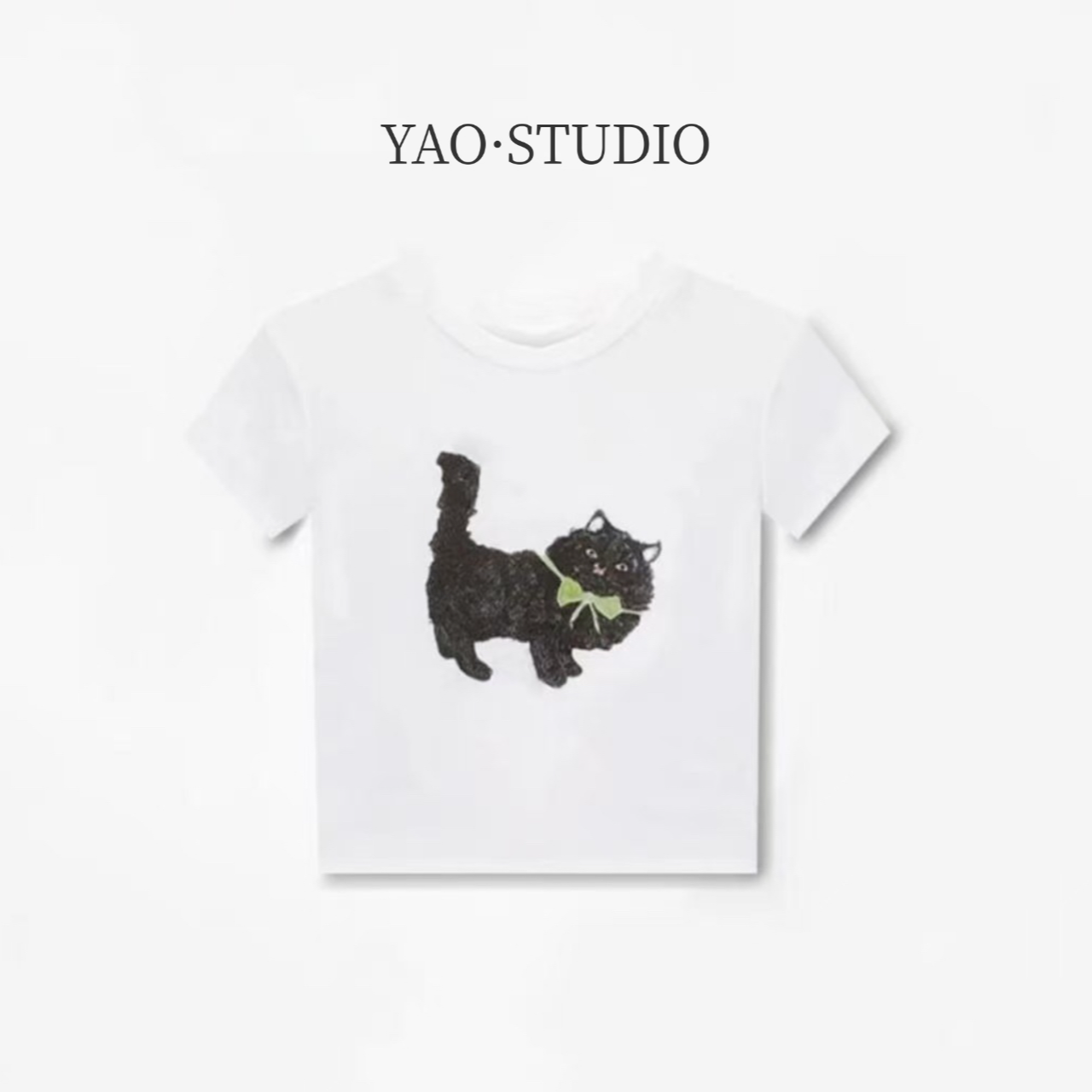 绿领带小猫~夏季新款轻奢天丝亚麻显瘦卡通印花短袖T恤休闲上衣