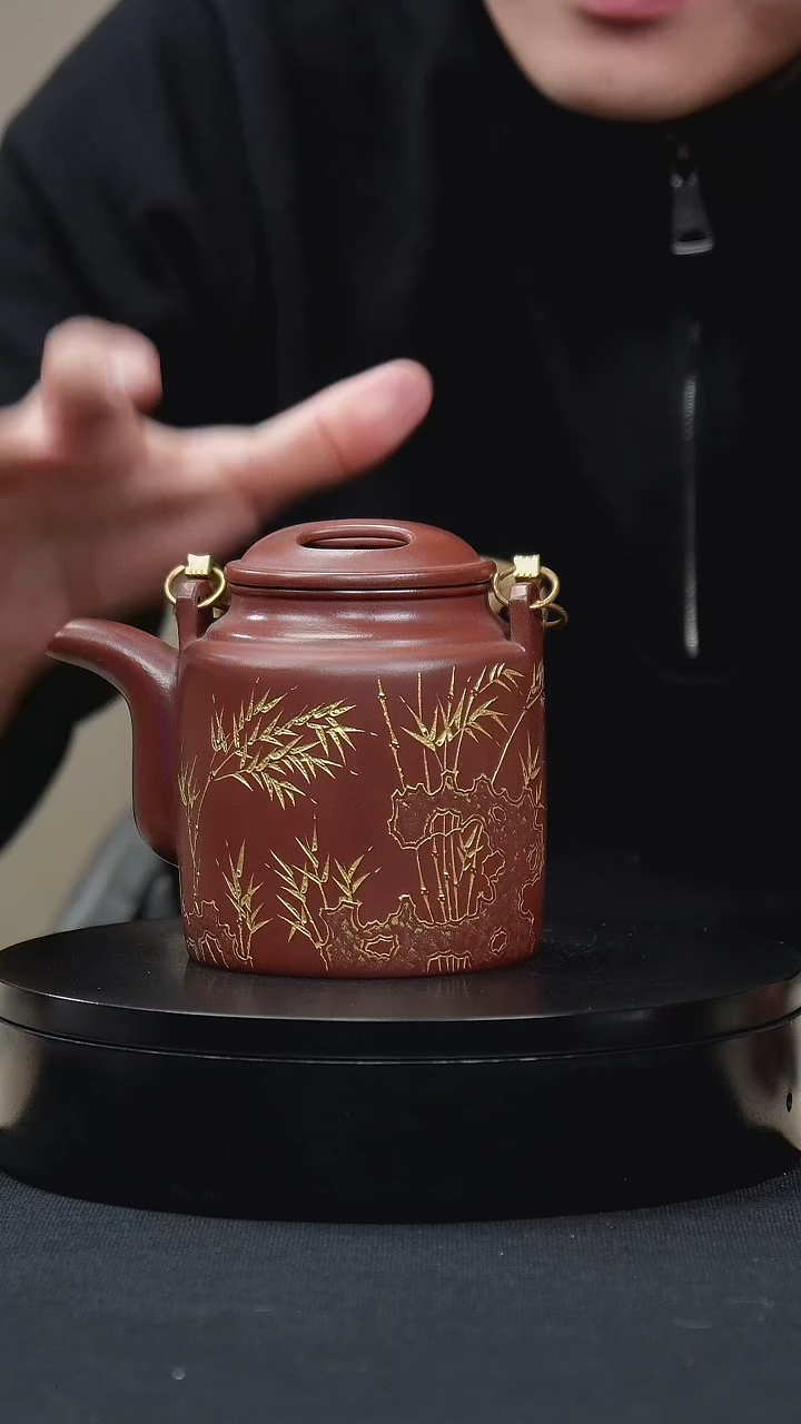 【闪购商品】紫砂茶壶095刻绘描金牛盖提梁手工紫砂壶