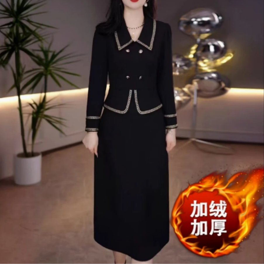 2024新款气质加绒加厚款保暖显瘦假两件黑色连衣裙3241