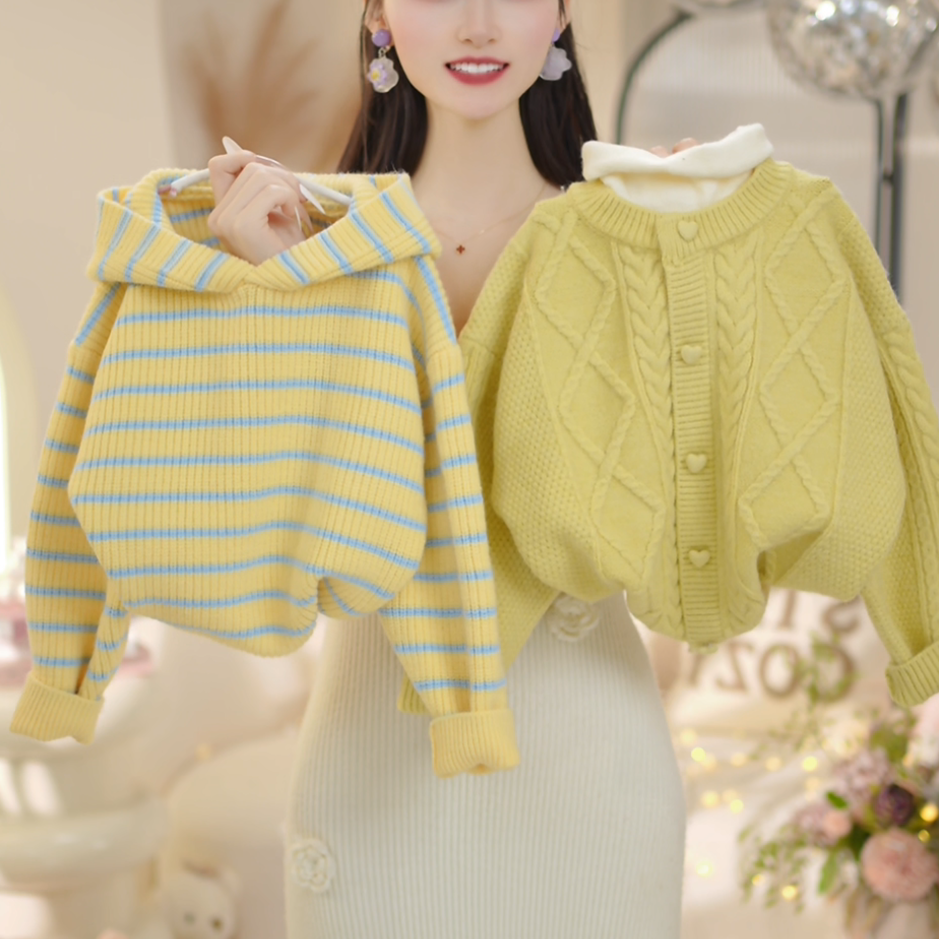 【现货】女童2025冬季新款洋气连帽条纹假两件加厚毛衣C25086