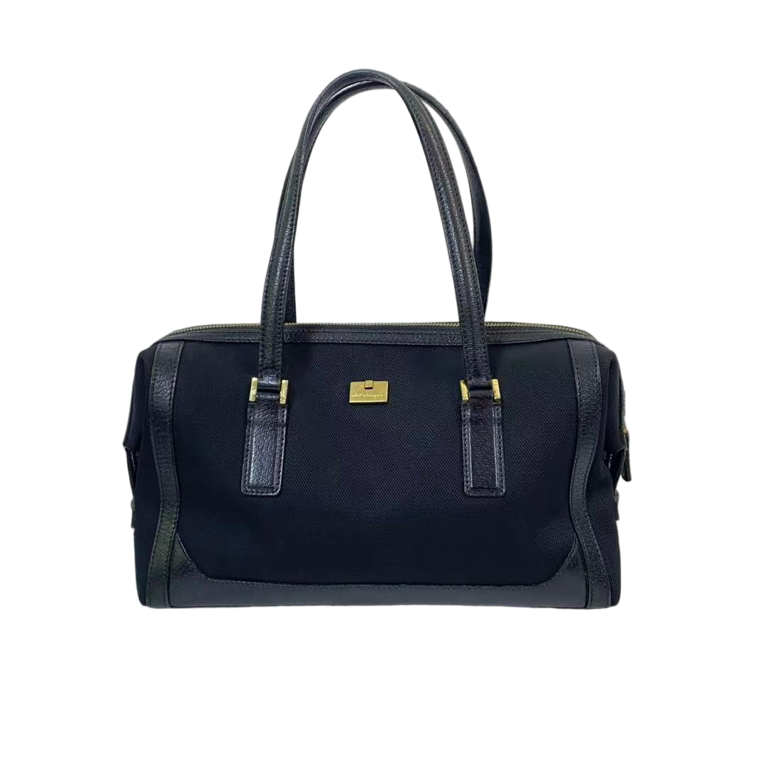 95新 FERRAGAMO/菲拉格慕 黑色帆布拼皮单肩手提包中古Y-51014