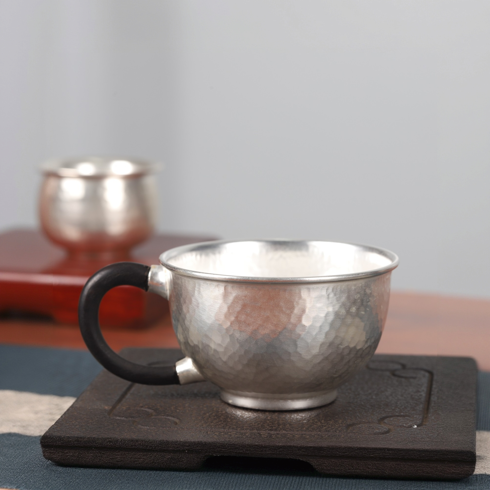 手工锤纹999银衣耳把杯咖啡杯中式复古主人杯
