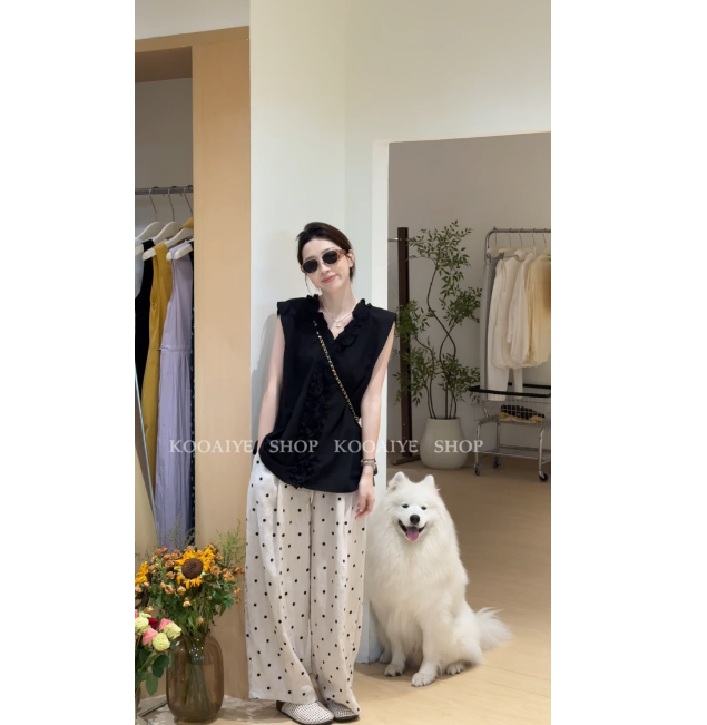 【黑风铃】清货-只出不进-夏季新款黑色v领无袖花边甜美减龄上衣