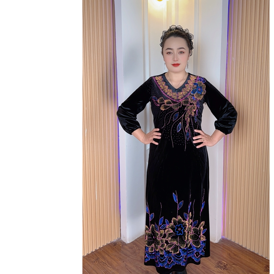 长袖民族风中长款裙子秋冬长裙中老年女装长款女装