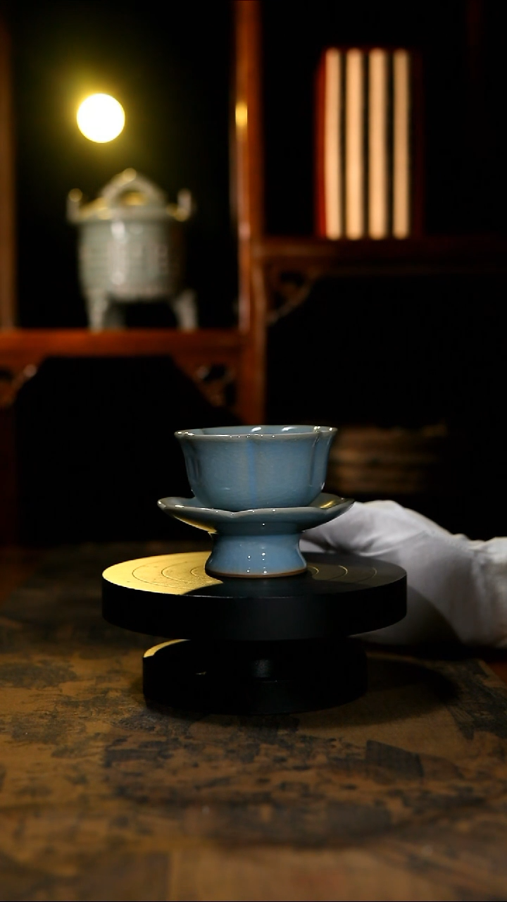 茶盏原矿天蓝釉梅花茶盏