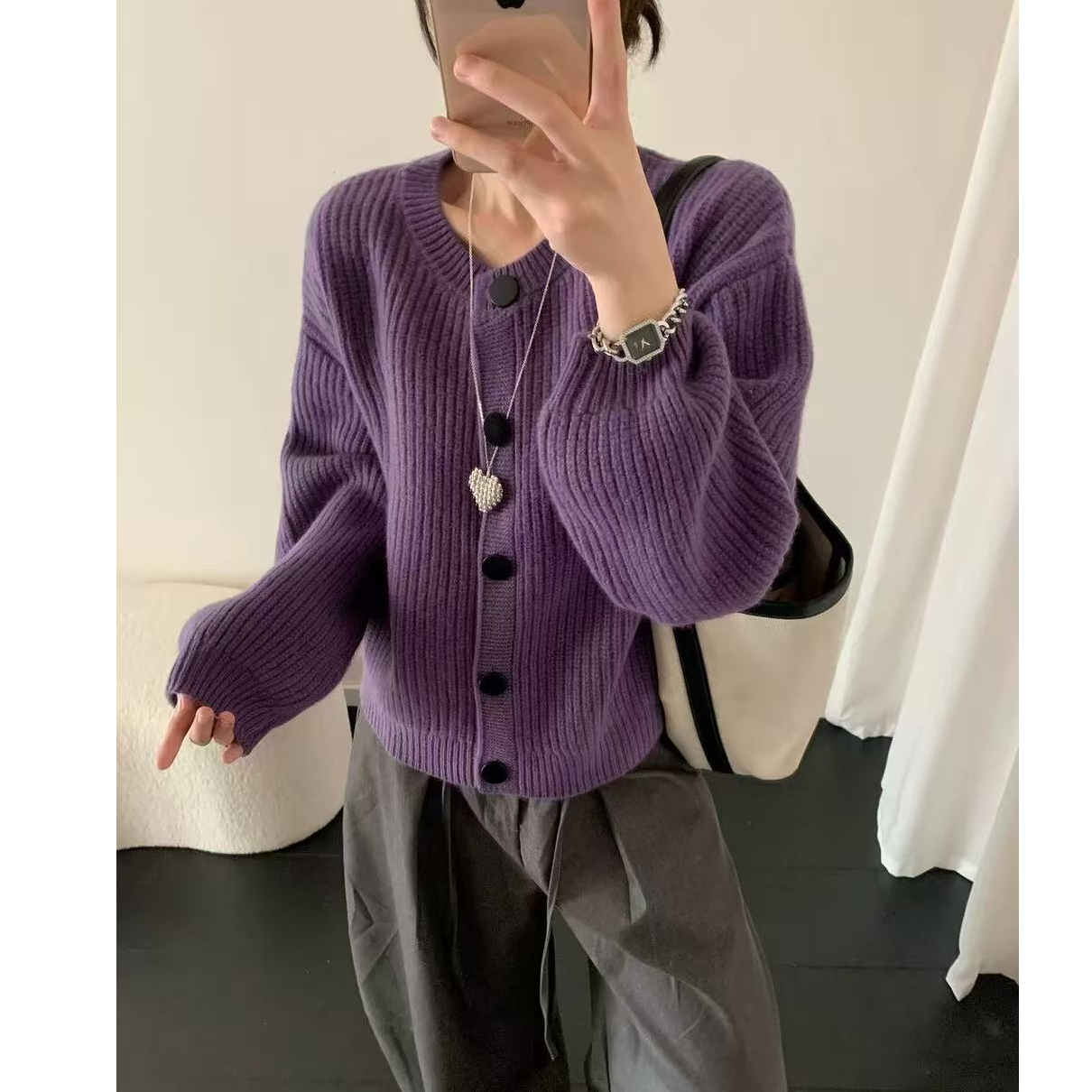【运费补贴】【紫色大扣子】加厚秋冬新款长袖宽松韩版针织衫毛衣女