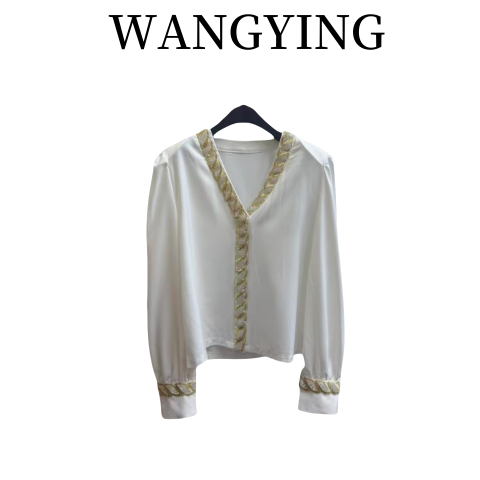 莹莹红人馆【NANA】时尚设计师V领钻条镶边衬衫 50270044 583