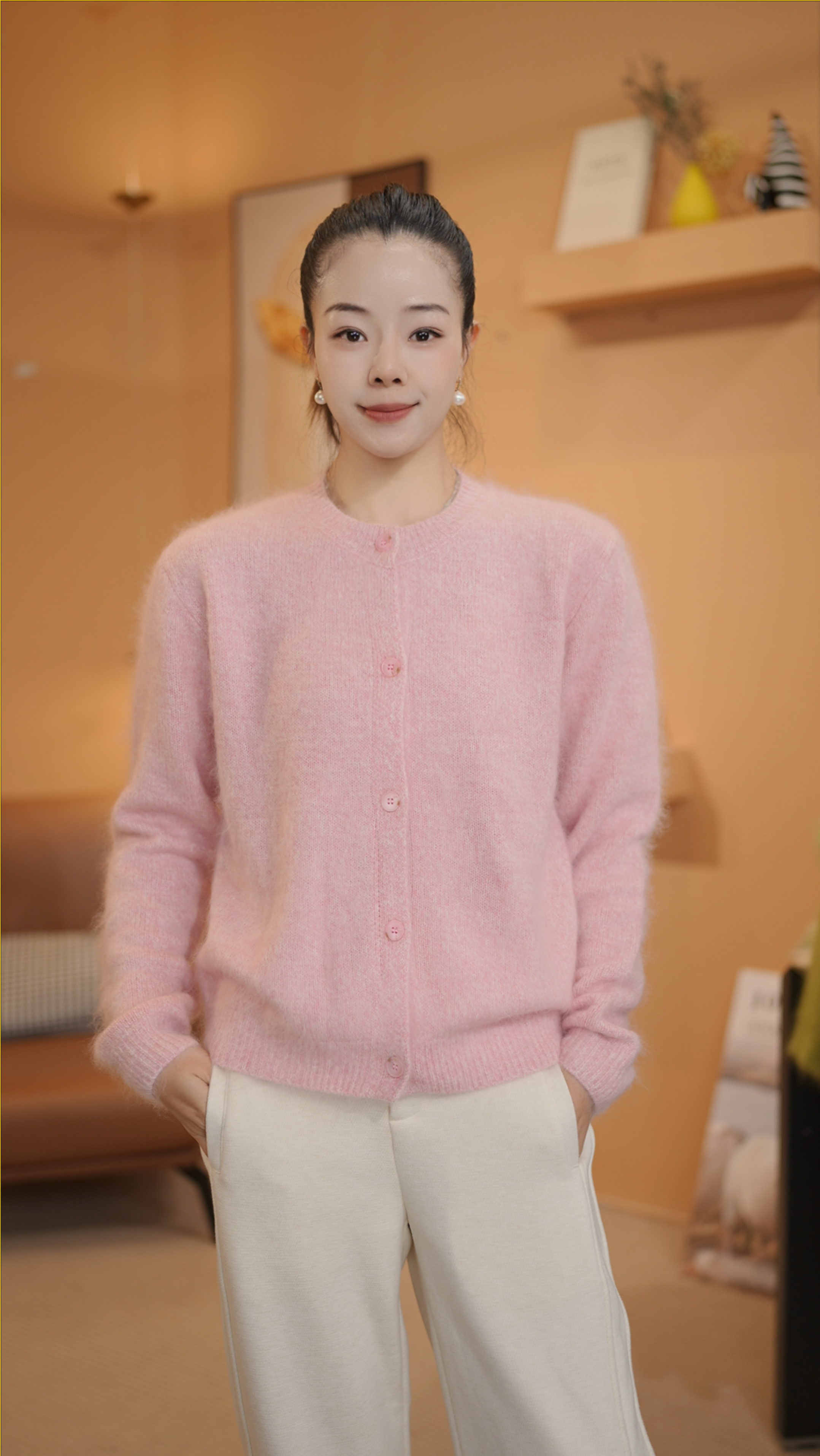 圆领开衫上衣100%山羊绒衫宽松厚款针织常规款纯色麻花正肩袖