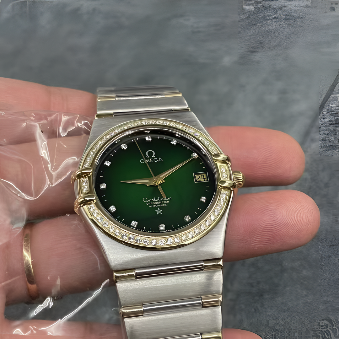 99新 Omega/欧米茄 星座35盘钢带绿盘金针外圈后盘后钻自动机械hz