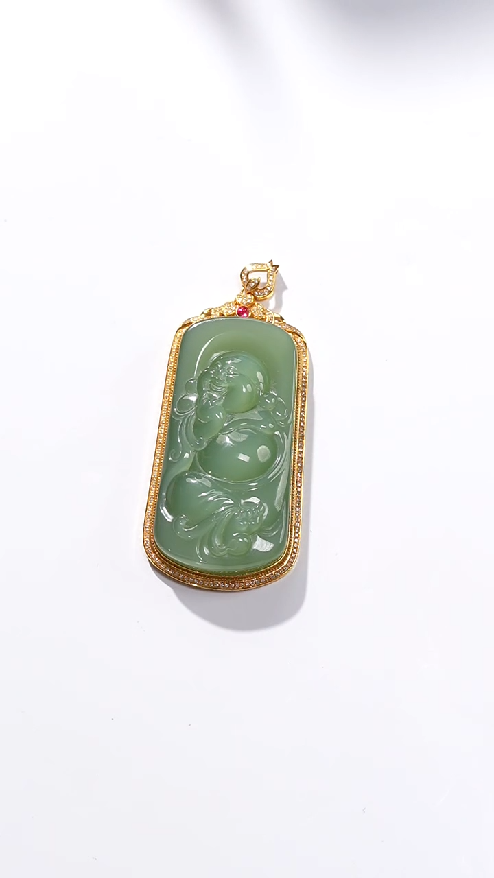 和田玉18K金镶嵌吊坠(不含链)碧玉粉青佛吊坠