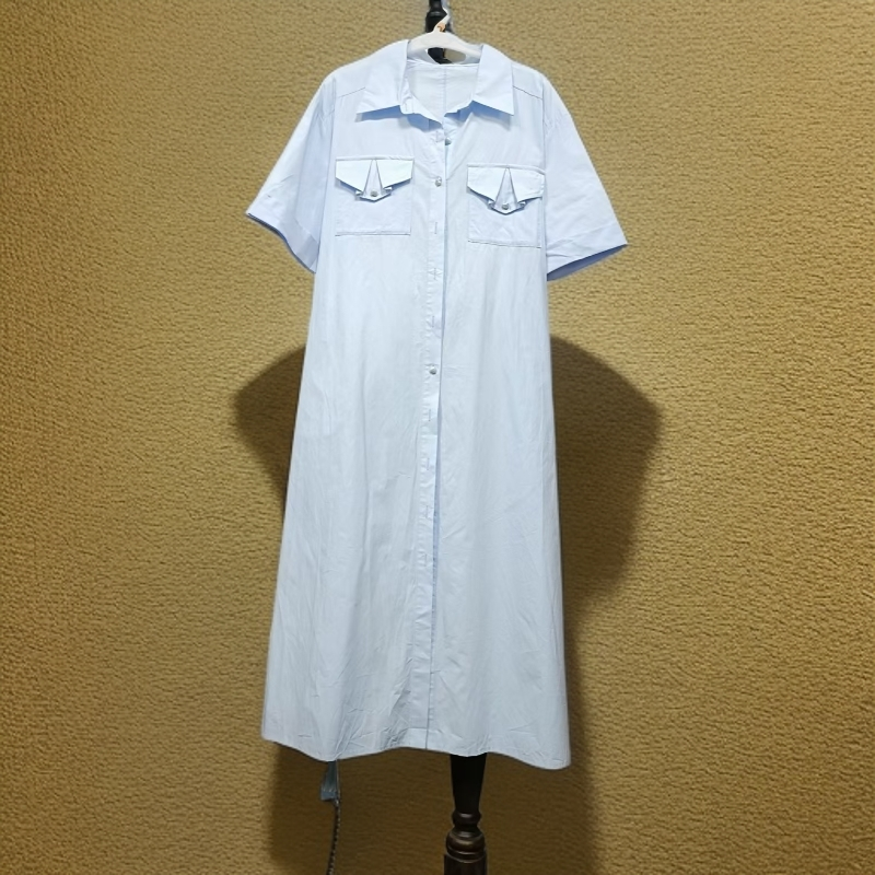 夏季翻领单排扣系带收腰蓝色连衣裙裙子F788