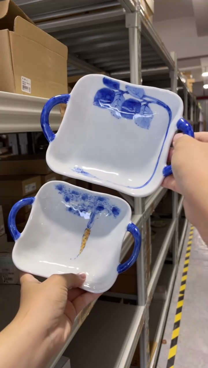 瓷片染旬菜双耳钵两件套