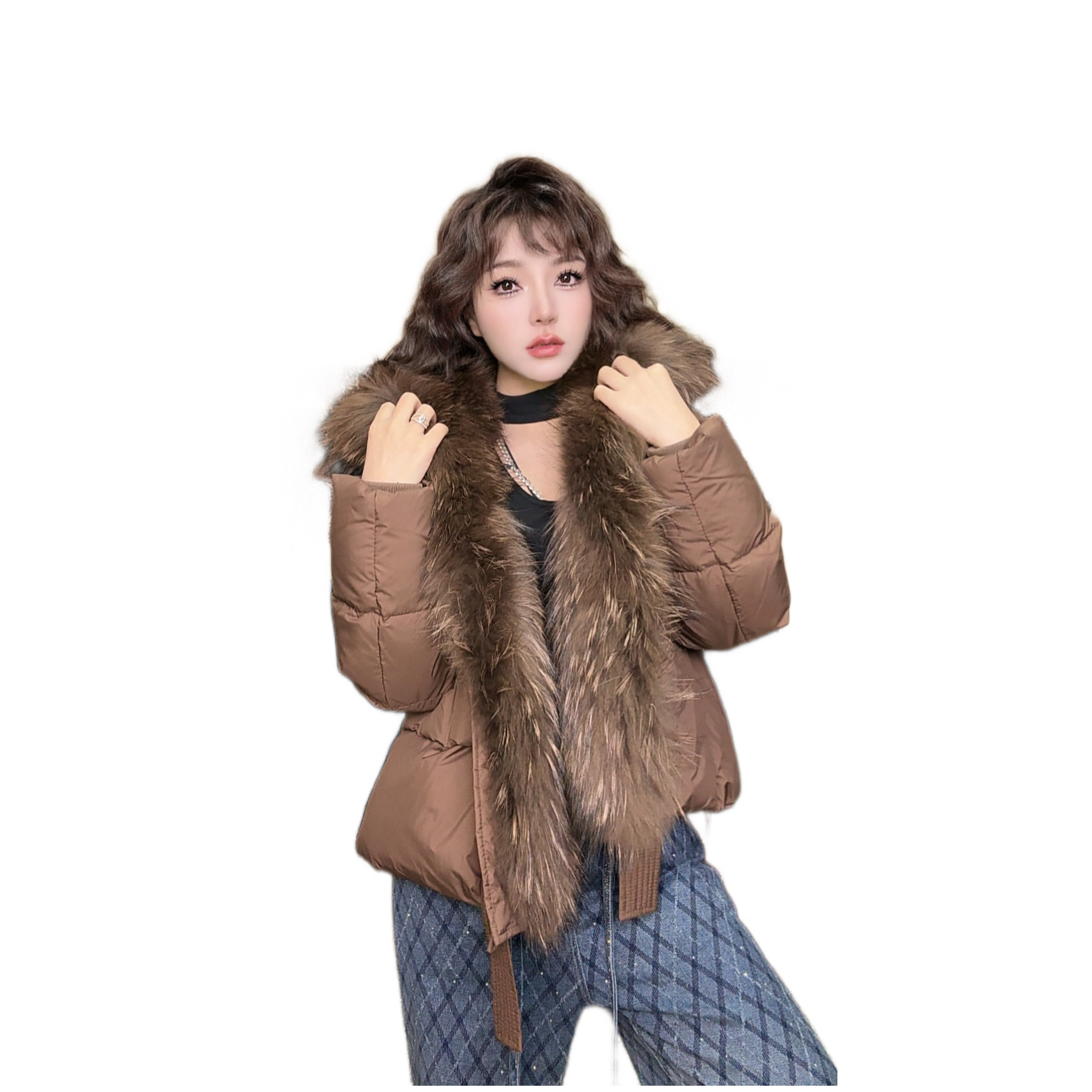 6025咖色纯色常规长袖翻领拉链大毛领可拆网红显瘦慵懒风短外套