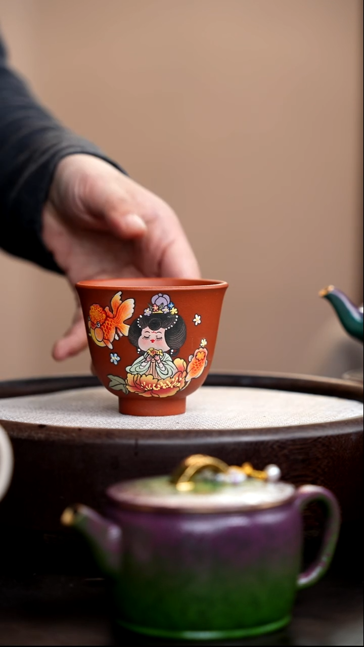 茶壶紫砂朱泥铃铛杯唐美人金鱼