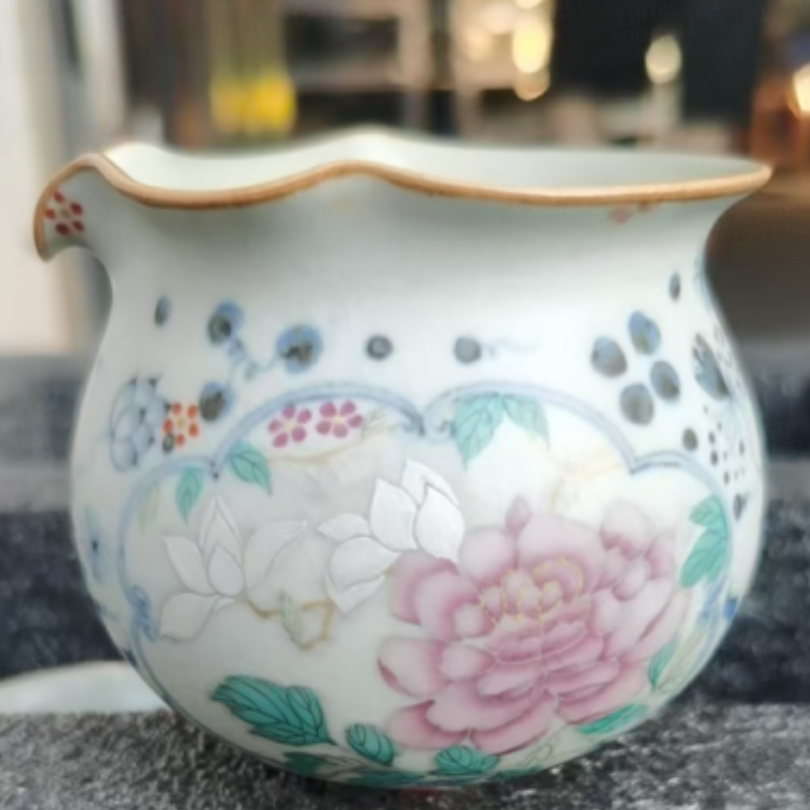 【小田甄陶】单面开窗荷花诗文束口公道杯（朴公道瑕0035）