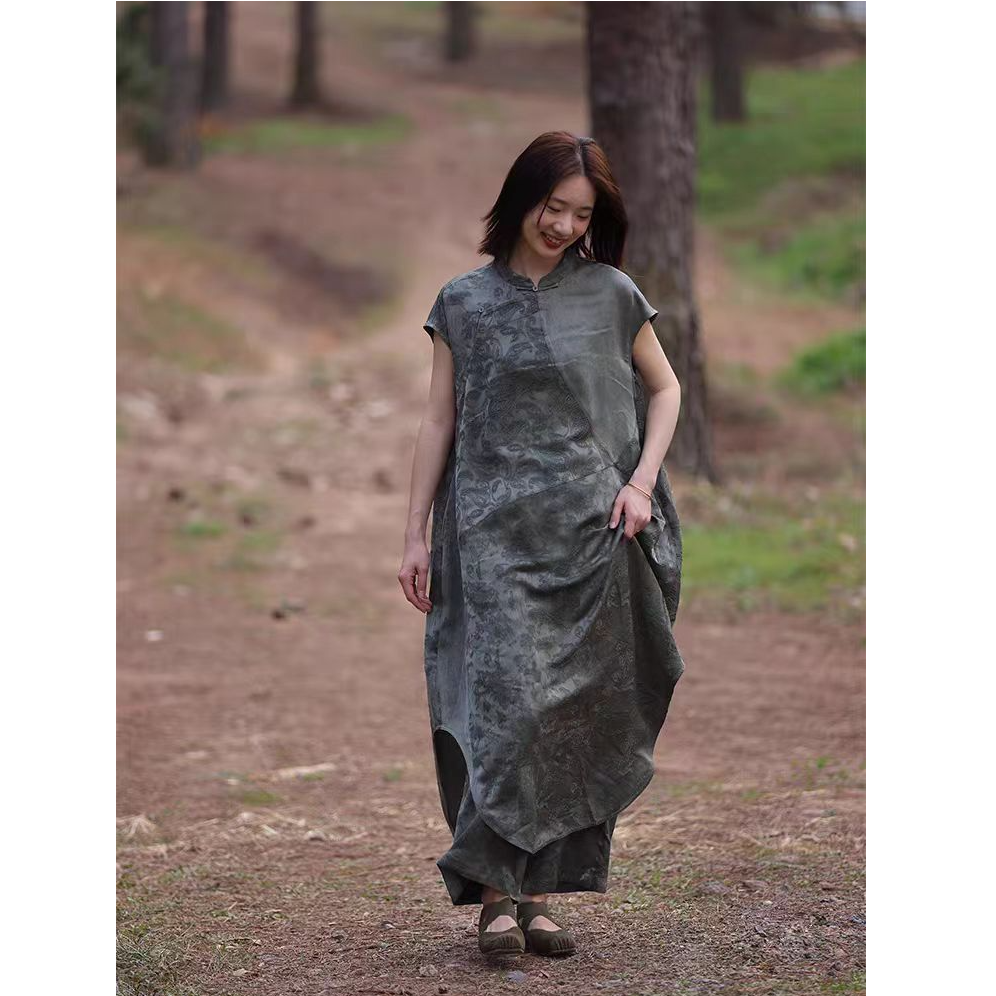 慢慢变蓝L6687原创意大利进口提花丝连衣裙中式斜襟袍子脏染系列