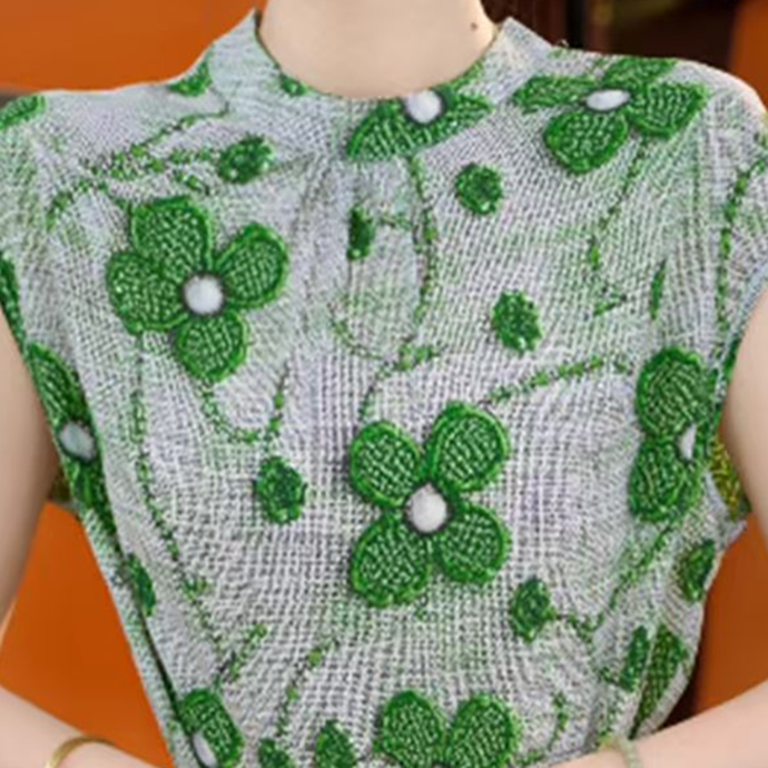 2025苏杭新款气质高端优雅显瘦高级感 绿色小花圆领连衣裙