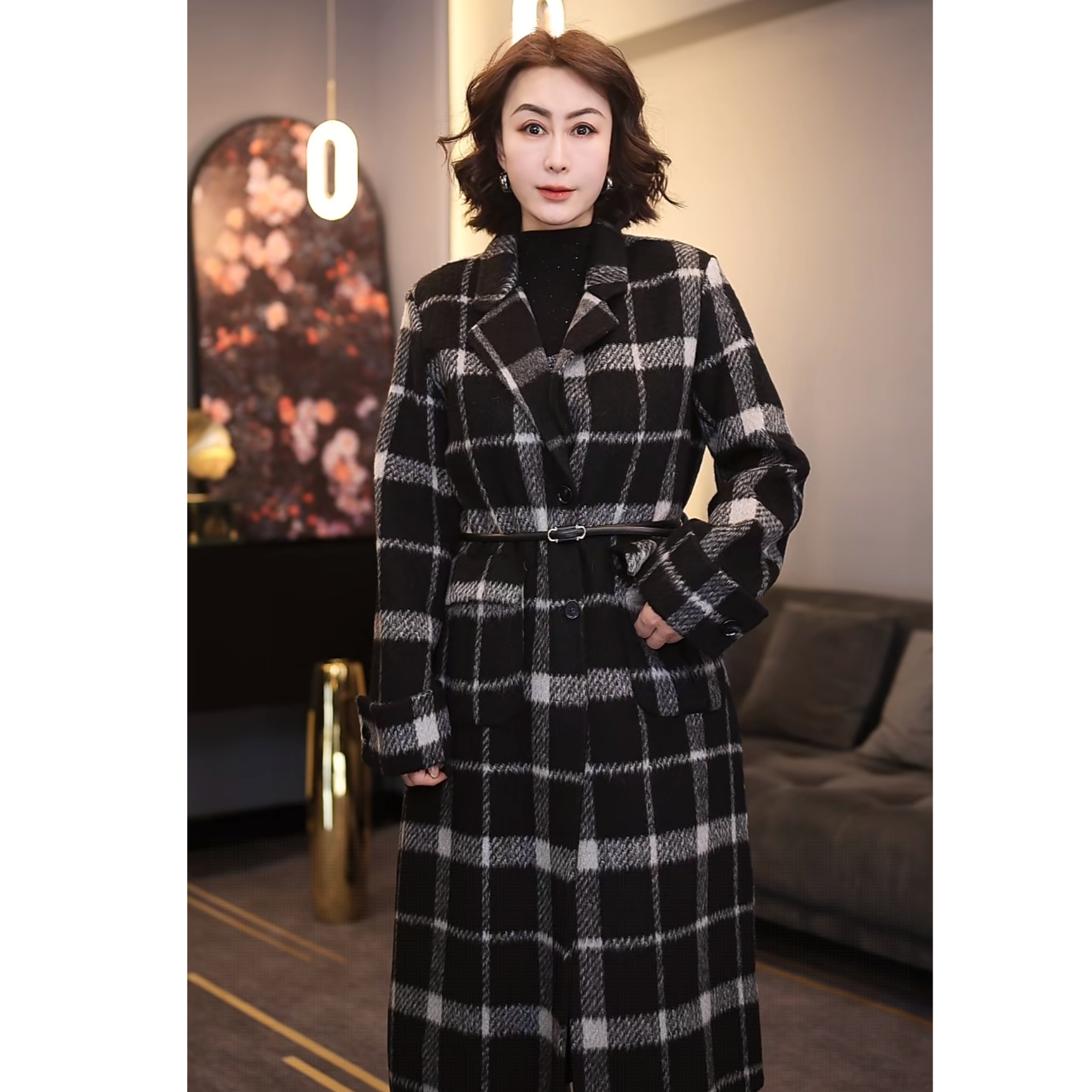 小香风黑白格子薄款澳毛大衣外套常规冬季秋冬长款女