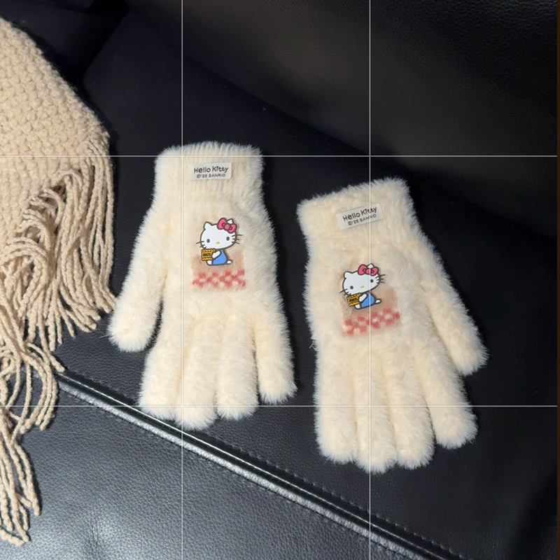 三丽鸥HelloKitty五指毛绒触屏手套女冬季保暖骑车防寒风学生可爱