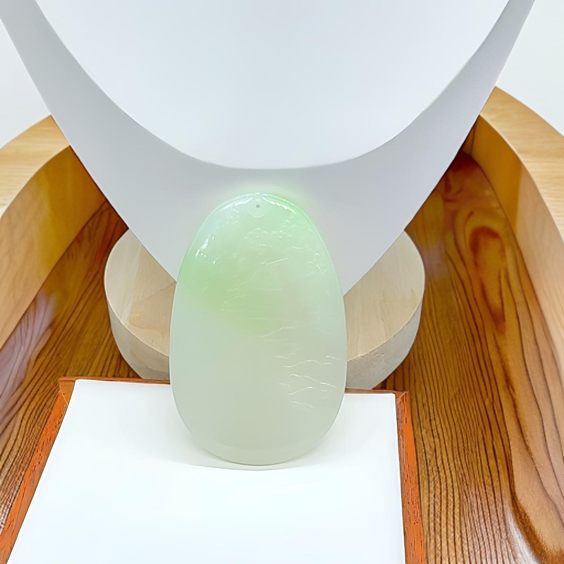 和田玉翠青山水牌挂件吊坠牌子手工雕刻白底翠