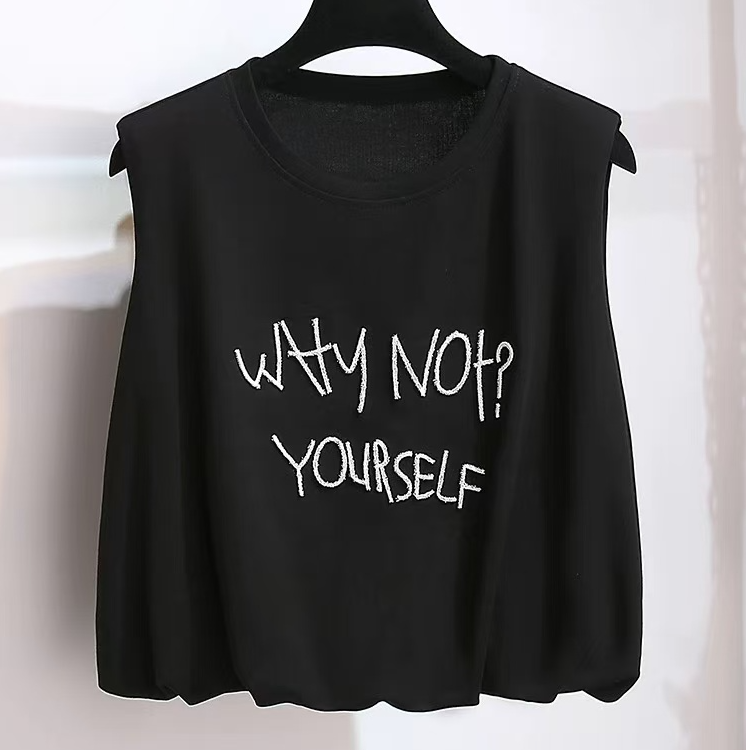 无袖垫肩圆领背心女夏季新时尚洋气减龄短款上衣#3550